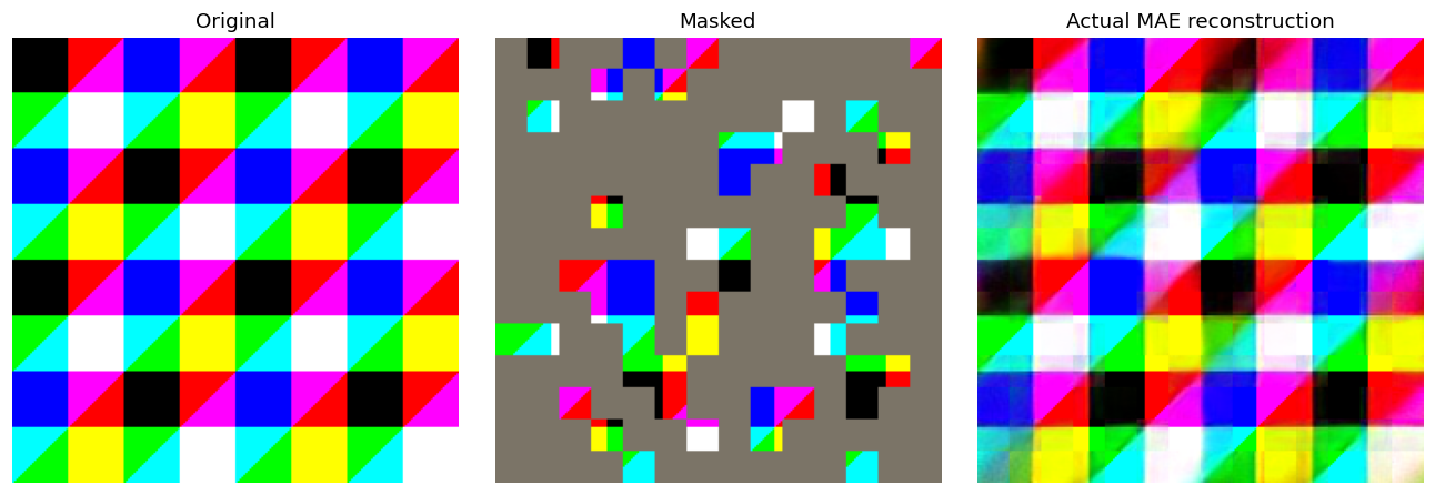 Actual vit-mae-base reconstruction of a synthetic color grid. This is neither a hand-filled image nor a natural-image quality benchmark.